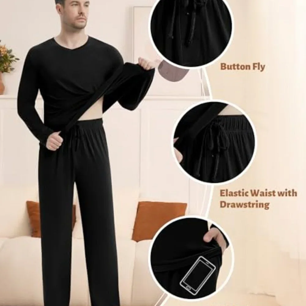 Men's Viscose Bamboo Pajama Set Long Sleeve V-Neck Comfy Sleepwear